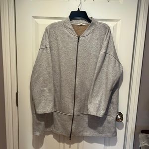 Eileen Fisher collarless zip up jacket, cotton fleece, gray, two pockets EUC